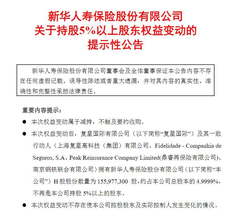 减持继续！复星系再售新华保险、豫园股份，减持套现已超百亿
