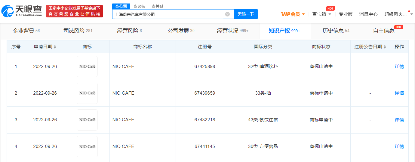 蔚来申请NIO CAFE商标