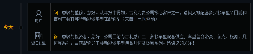 浙江仙通：目前为吉利总计二十多款车型配套供应