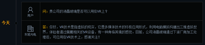 东旭光电：公司液晶玻璃通过下游厂商加工处理后可应用在VR技术上