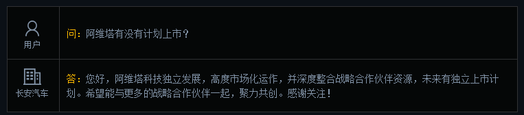 长安汽车：阿维塔科技未来有独立上市计划