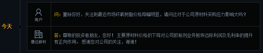 康达新材：主要原材料价格下降对胶粘剂板块边际利润有正向作用