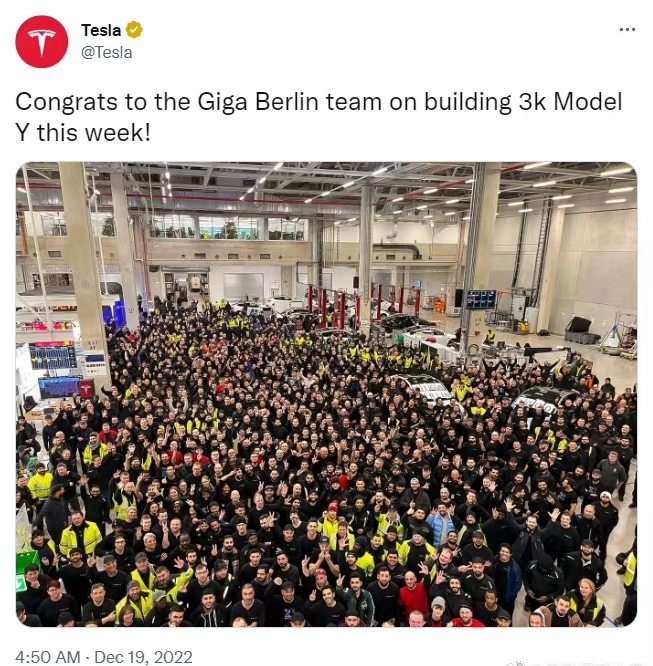 特斯拉：柏林超级工厂Model Y周产量突破3000辆