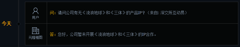 元隆雅图：暂未开展《流浪地球》和《三体》的IP合作