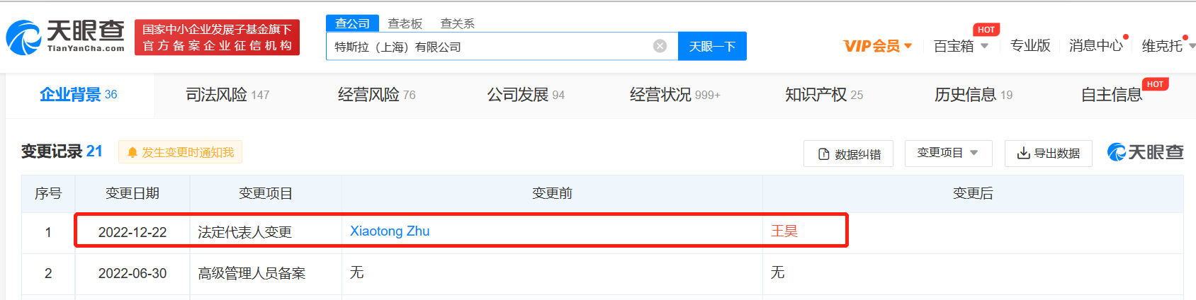 朱晓彤卸任特斯拉上海公司法定代表人，仍担任董事长