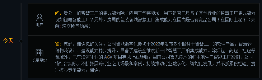 长荣股份：公司智能数字化板块于2022年发布多个服务于智慧工厂的软件产品