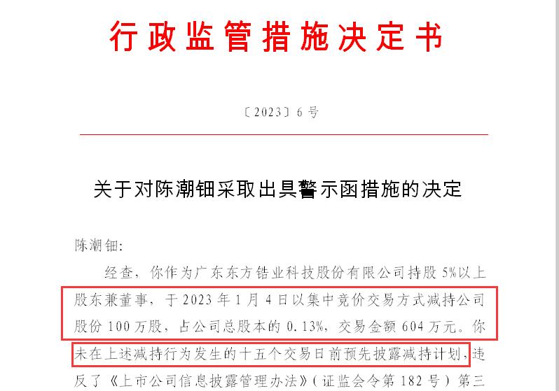 兔年开工收“警示函”！东方锆业原董事、持股5%以上股东陈潮钿违规减持被警示、公司亦曾违反信披规定收监管函