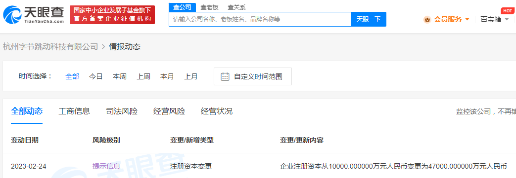 杭州字节跳动科技公司增资至4.7亿
