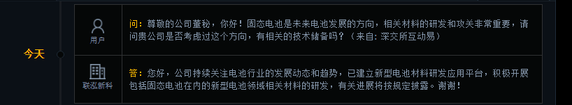 联泓新科：已建立新型电池材料研发应用平台