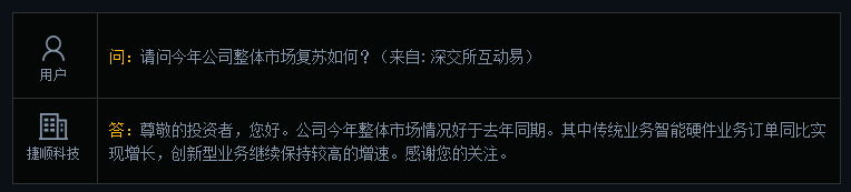 捷顺科技：今年创新型业务继续保持较高增速