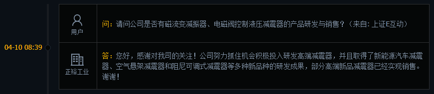 正裕工业：部分高端新品减震器已经实现销售