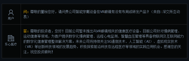 乐心医疗：目前公司暂未推出与VR眼镜相关的健康医疗设备