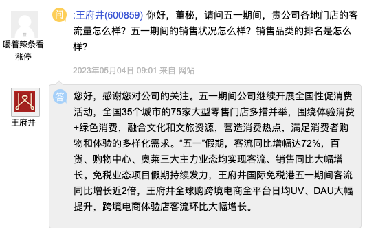 王府井：国际免税港五一期间客流同比增长近2倍