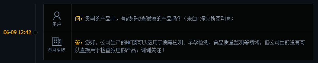 泰林生物：目前没有可直接用于检查猴痘的产品