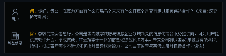 科创信息：目前暂未与英伟达展开直接合作