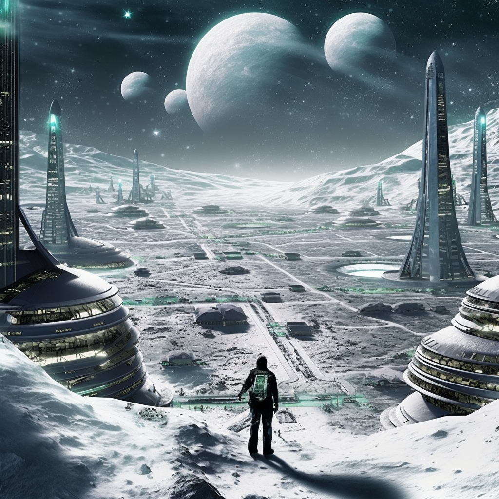 在科幻小说中的 2023 年,地球的同步轨道上运行着宏伟的太空城,月球像