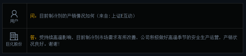 巨化股份：受持续高温影响，目前制冷剂市场需求有所改善