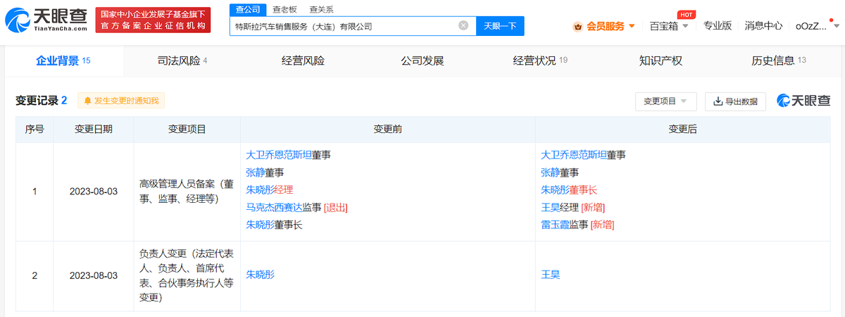 朱晓彤卸任特斯拉大连公司法定代表人，仍担任董事长