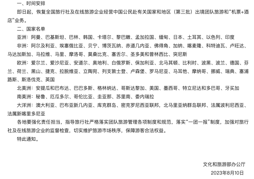 文旅部公布恢复出境团队游第三批名单，包括日韩和欧美多国
