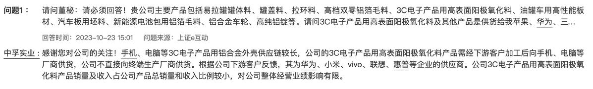中孚实业：3C电子产品用高表面阳极氧化料产品销量及收入对公司整体经营业绩影响有限