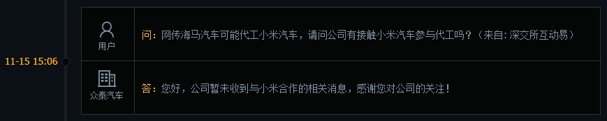 众泰汽车：暂未收到与小米合作的相关消息