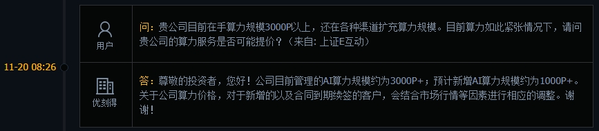 优刻得：公司算力价格对于新增的以及合同到期续签的客户，会结合市场行情等因素进行相应调整