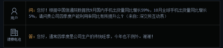 德赛电池：四季度是公司生产的传统旺季