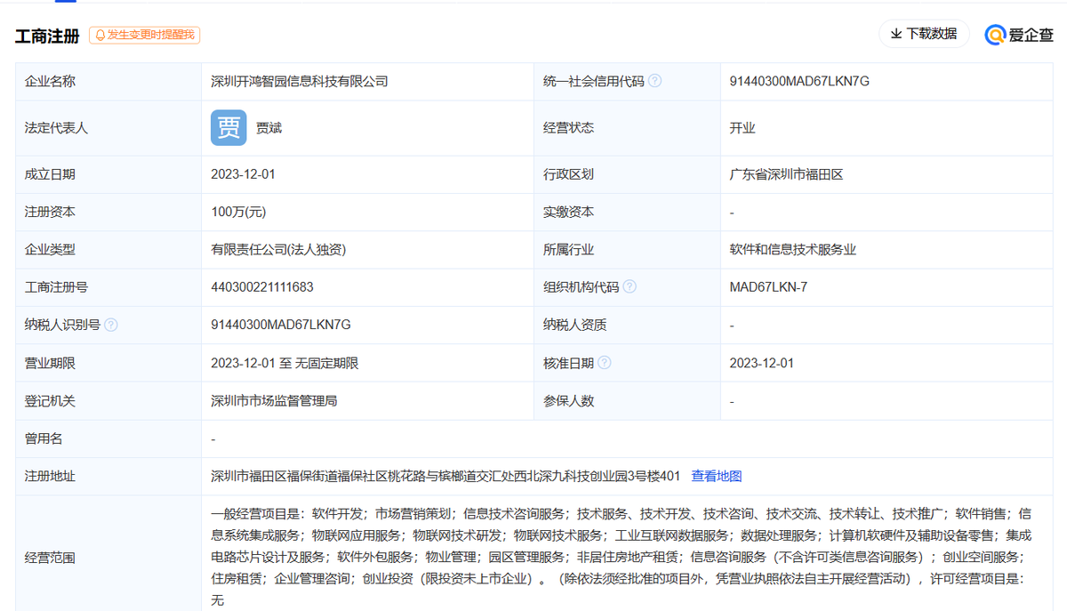 深开鸿成立智园信息科技公司，经营范围含创业空间服务