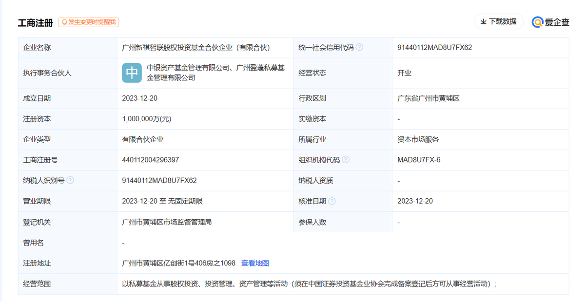 广汽集团中银资产等成立私募基金，出资额100亿元