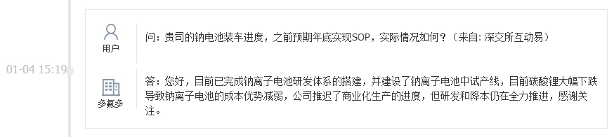 多氟多：目前已完成钠离子电池研发体系的搭建，并建设了钠离子电池中试产线