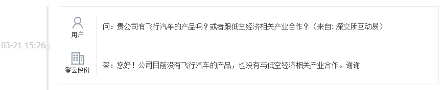 登云股份：公司目前没有飞行汽车的产品