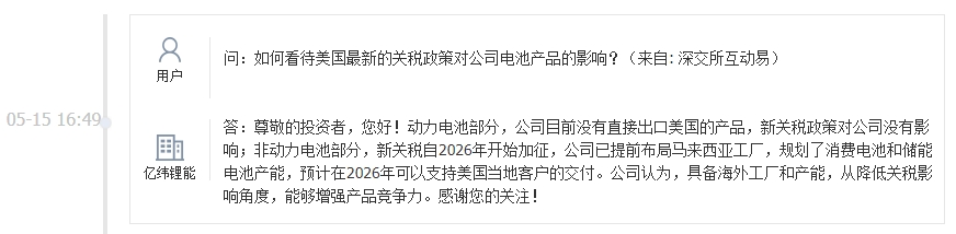 亿纬锂能：目前没有直接出口美国的动力电池产品