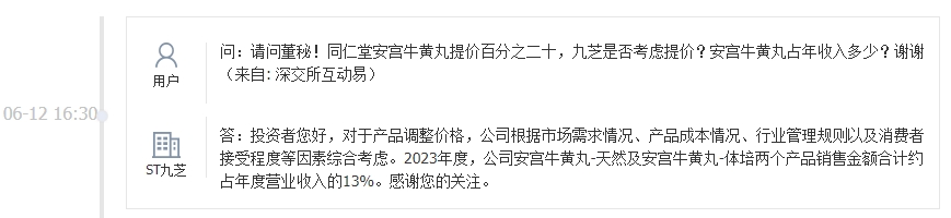 安宫牛黄丸是否考虑提价？ST九芝：根据市场需求情况等因素综合考虑