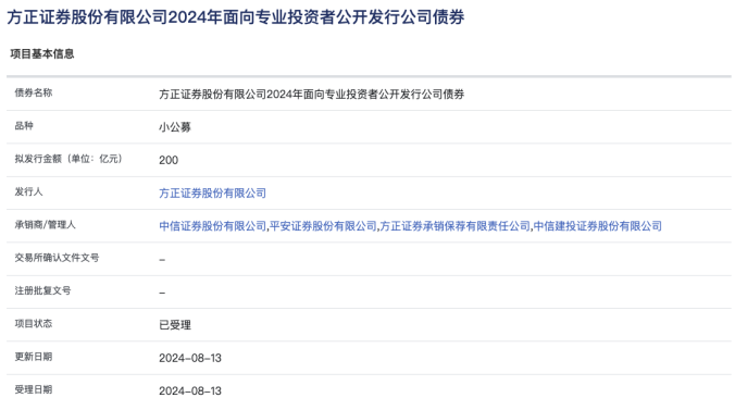 方正证券200亿元小公募债项目获上交所受理