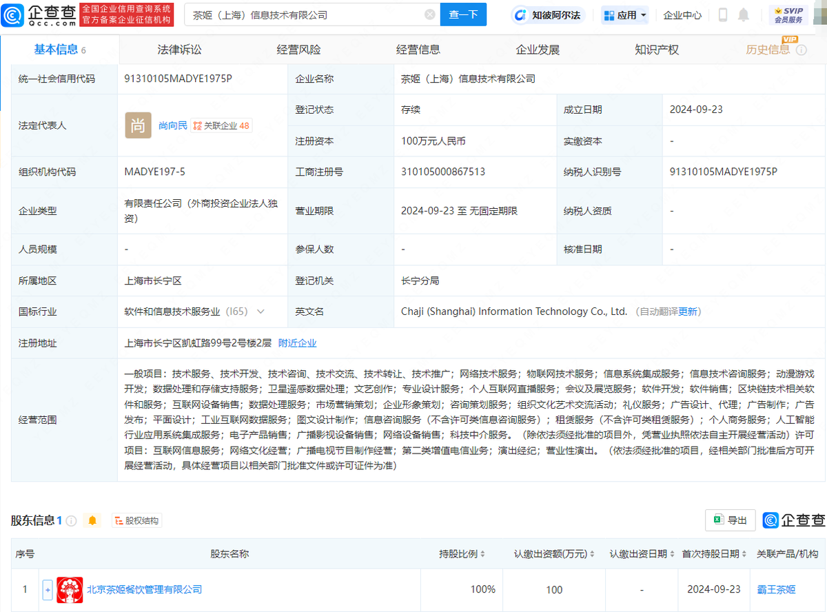 霸王茶姬于上海成立新公司，含动漫游戏开发业务