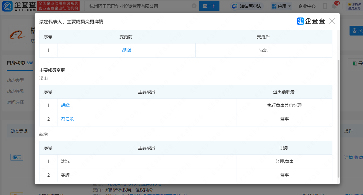 胡晓再卸任一阿里创投公司职务，由沈沉接任