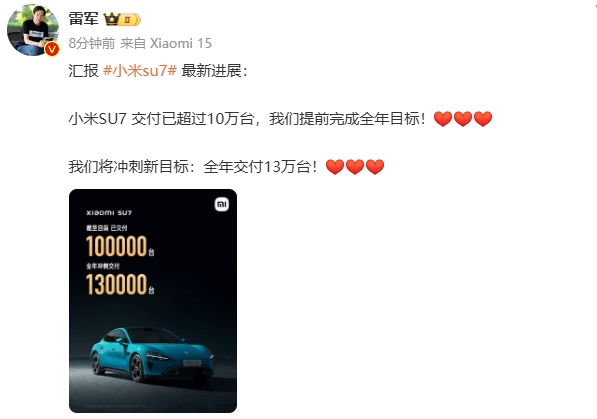 雷军：小米SU7交付已超过10万台