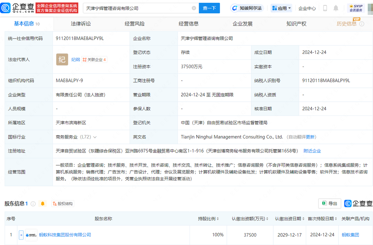 蚂蚁集团3.75亿元在天津成立管理咨询公司