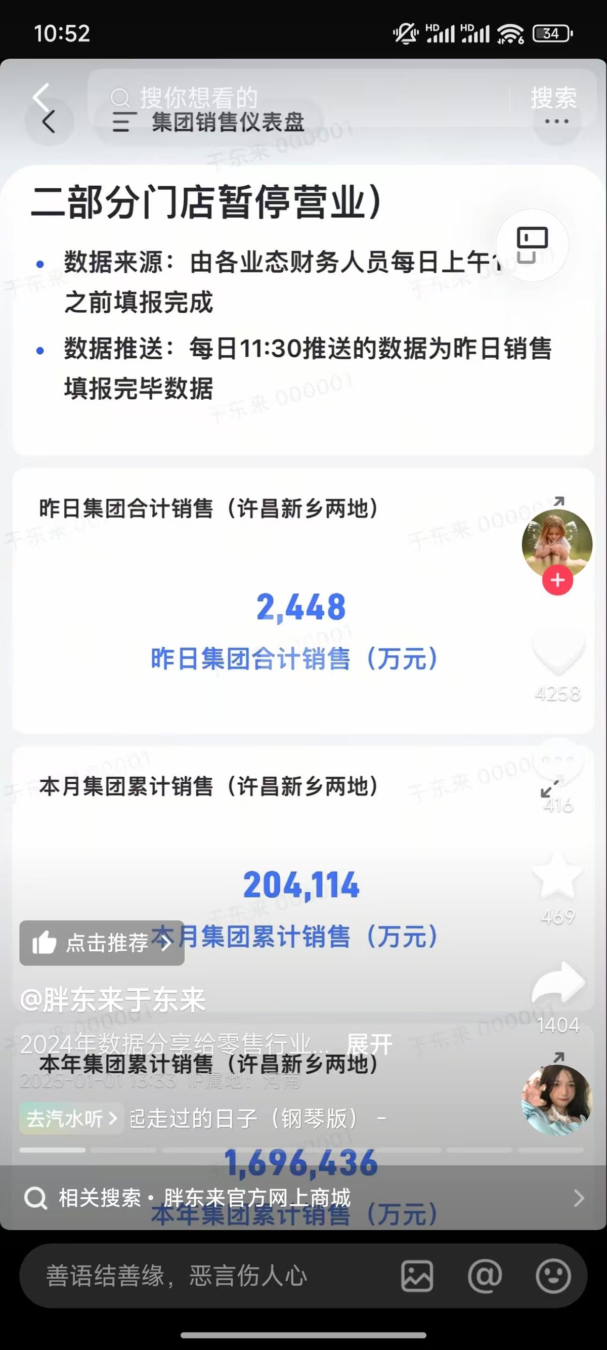 胖东来集团2024年累计销售额约169.64亿元