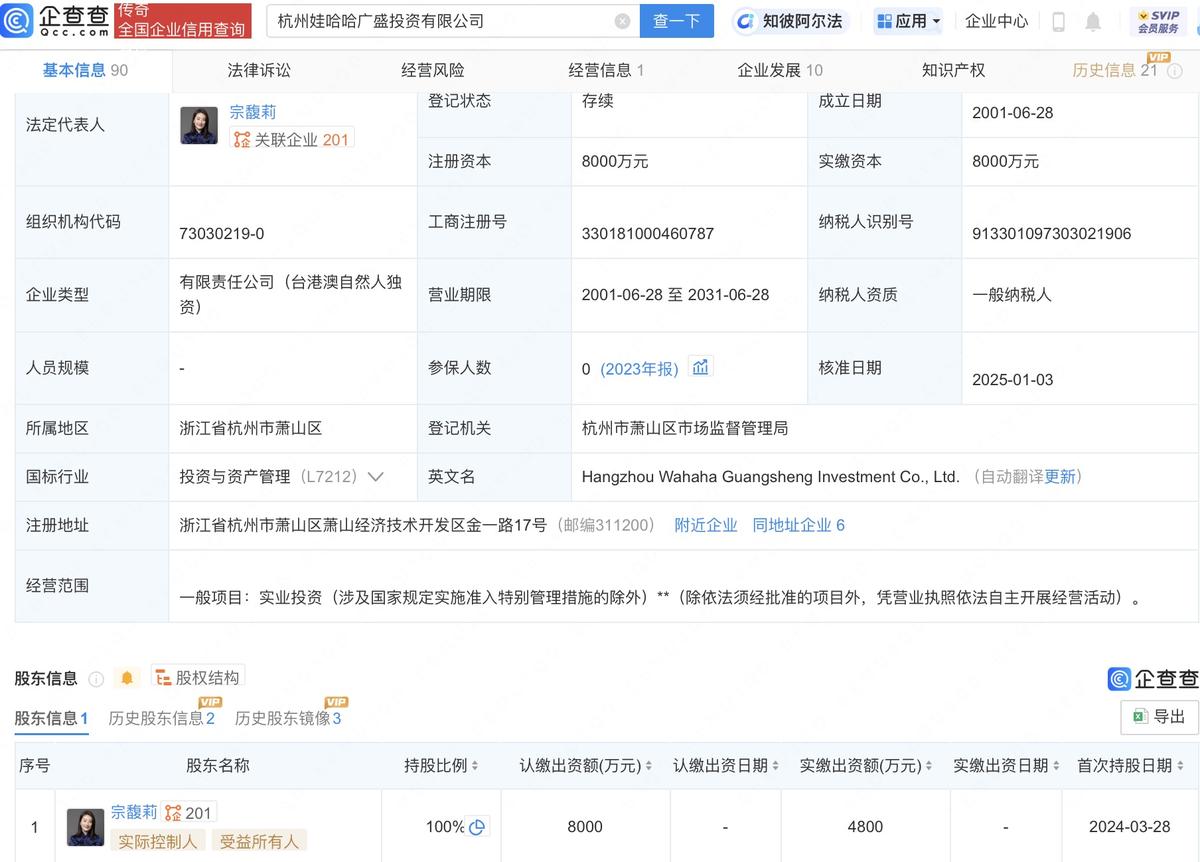宗馥莉再接盘，全资持股广盛投资，娃哈哈工会退出