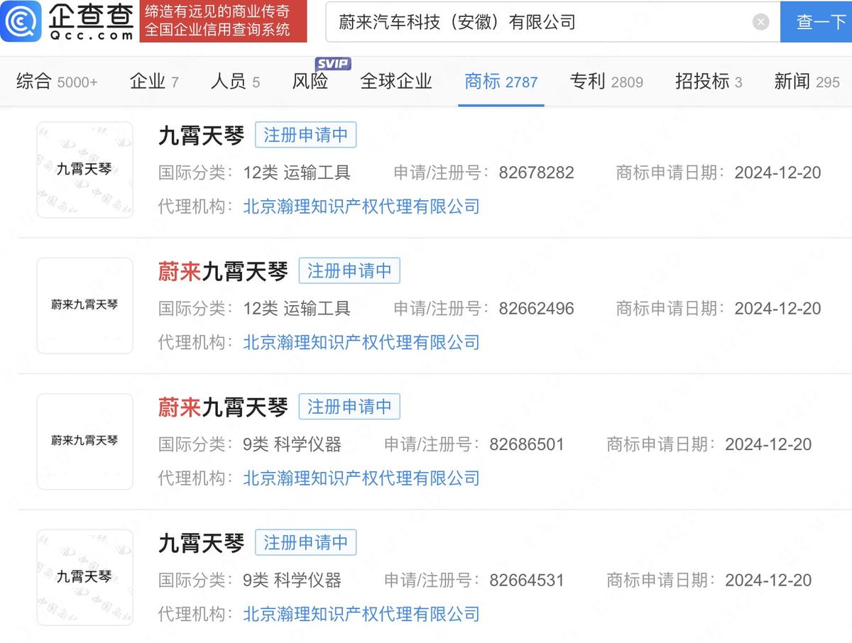 蔚来注册“九霄天琴”商标