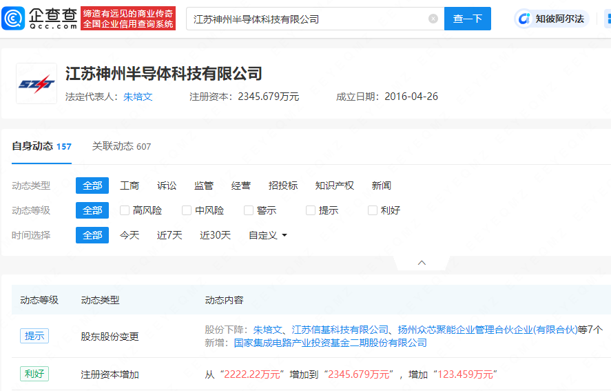 国家大基金二期入股神州半导体，英特尔同在股东行列