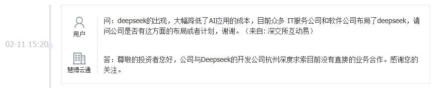 慧博云通：与深度求索目前没有直接的业务合作