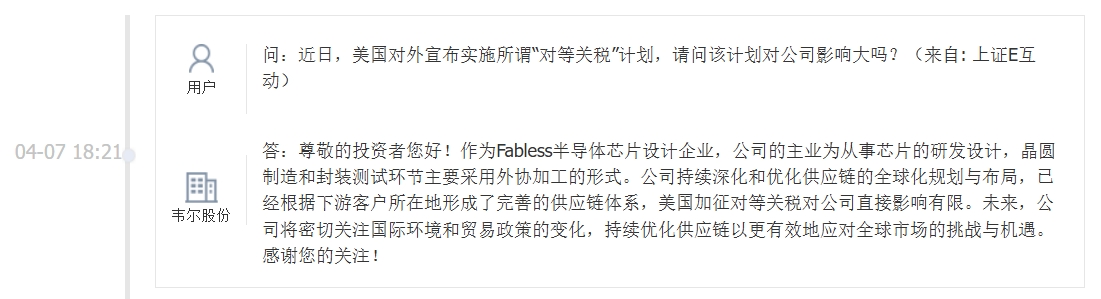 韦尔股份：美国加征“对等关税”对公司直接影响有限