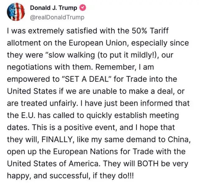 Trump says he "was extremely satisfied with the 50% tariff allotment on the  EU." : r/Stock_Markets