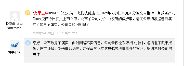 万泰生物：网络上关于公司9价HPV疫苗的保护率数据不属实