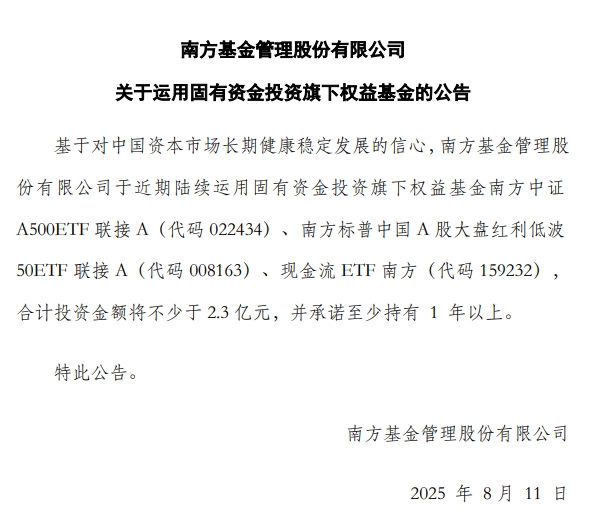 南方基金：拟不少于2.3亿元投资旗下权益基金