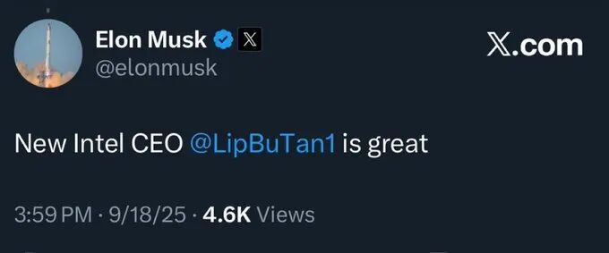A screenshot of a social media post on X. The post includes a profile picture of Elon Musk with a rocket, the username @elonmusk, and a blue checkmark. Text reads "New Intel CEO @LipBuTan1 is great" with a timestamp of 3:59 PM on 9/18/25 and 4.6K views. The X logo is visible in the top right corner.