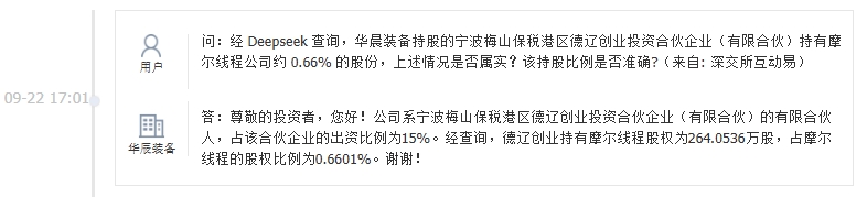 华辰装备：公司间接持有摩尔线程股权