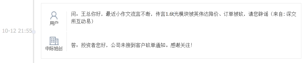 中际旭创：未接到客户砍单通知